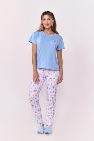 Pj-5920-PIJAMA ½ MANGA SUEDY FLORAL AD-azul